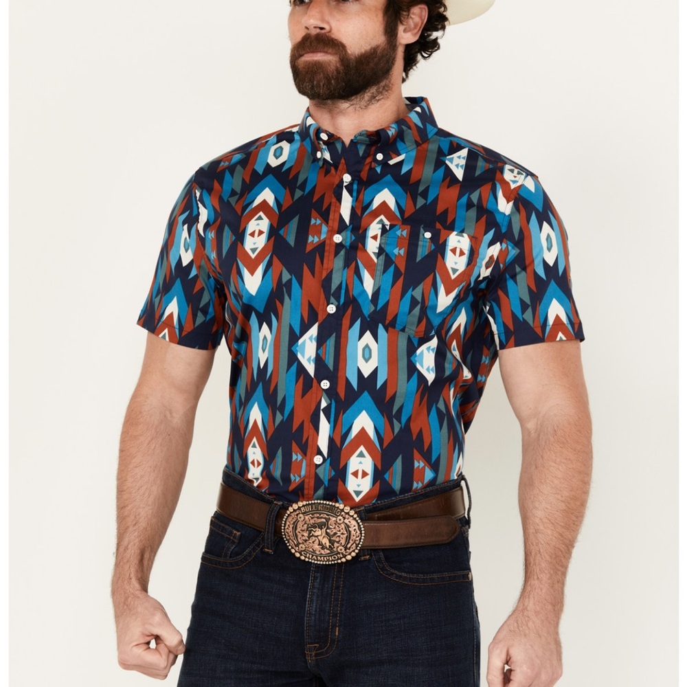 RANK 45 Men Medium Aztec Western Print Stretch Cowboy Shirt Button Down